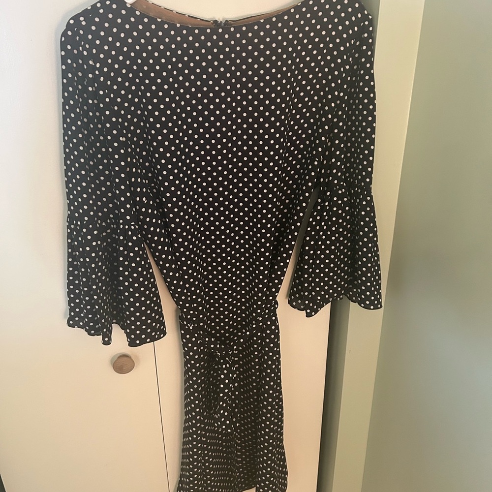 Michael Kors Navy Polka Dot Tie Front Sheath Dress with Long Flutter Sleeve